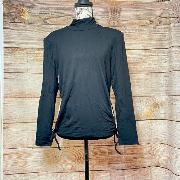 Plus Size 1X Black Mock Neck‎ Cut Out Side Drawstring Long Sleeve Top Blouse - Picture 6 of 8